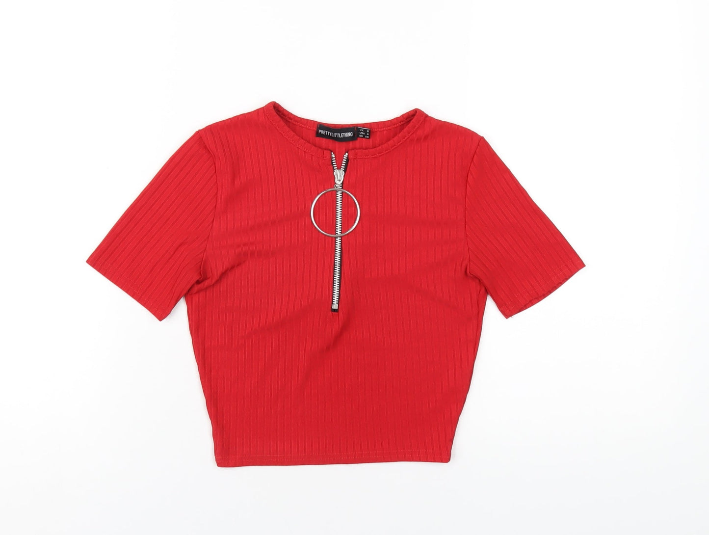 PRETTYLITTLETHING Womens Red Polyester Cropped T-Shirt Size 8 Scoop Neck