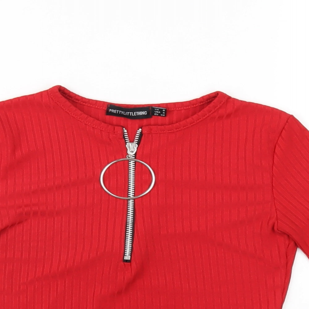 PRETTYLITTLETHING Womens Red Polyester Cropped T-Shirt Size 8 Scoop Neck