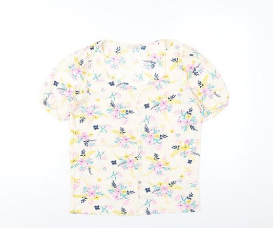 Pebble Bay Womens Ivory Floral Polyester Basic T-Shirt Size 10 Square Neck