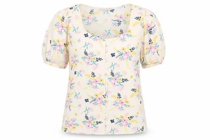 Pebble Bay Womens Ivory Floral Polyester Basic T-Shirt Size 10 Square Neck
