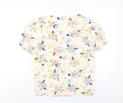 Pebble Bay Womens Ivory Floral Polyester Basic T-Shirt Size 10 Square Neck