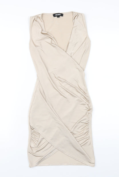 Additional front view of Missguided women’s beige polyester bodycon, size UK 8, v-neck pullover