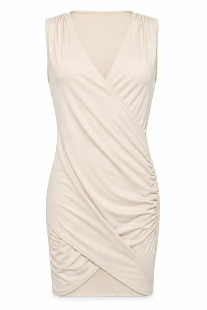 Front view of Missguided women’s beige polyester bodycon, size UK 8, v-neck pullover