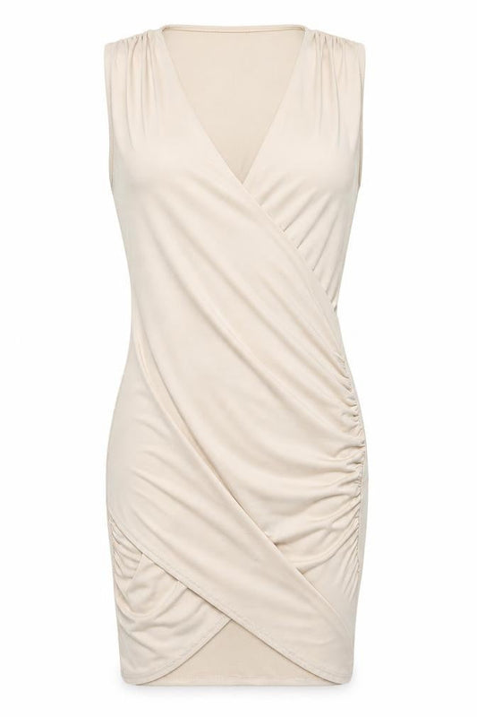 Front view of Missguided women’s beige polyester bodycon, size UK 8, v-neck pullover
