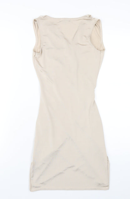 Back view of Missguided women’s beige polyester bodycon, size UK 8, v-neck pullover