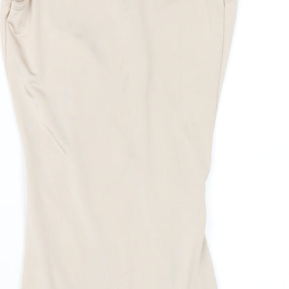 Brand and care label for Missguided women’s beige polyester bodycon, size UK 8, v-neck pullover
