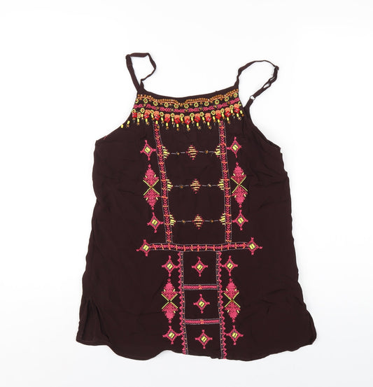 Monsoon Womens Brown Geometric Viscose Camisole T-Shirt Size 10 Round Neck - Beaded