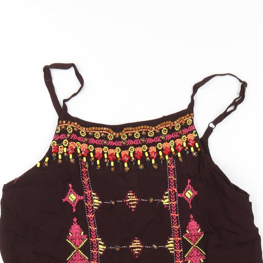 Monsoon Womens Brown Geometric Viscose Camisole T-Shirt Size 10 Round Neck - Beaded