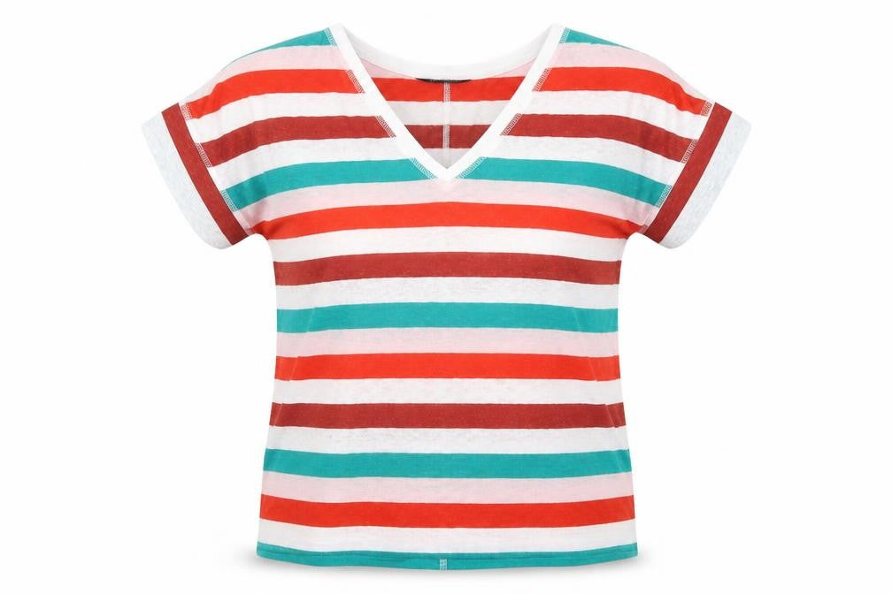 Marks & Spencer Womens Multicoloured Striped Linen Basic T-Shirt Size 8 V-Neck