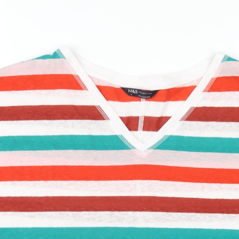 Marks and Spencer Womens Multicoloured Striped Linen Basic T-Shirt Size 8 V-Neck