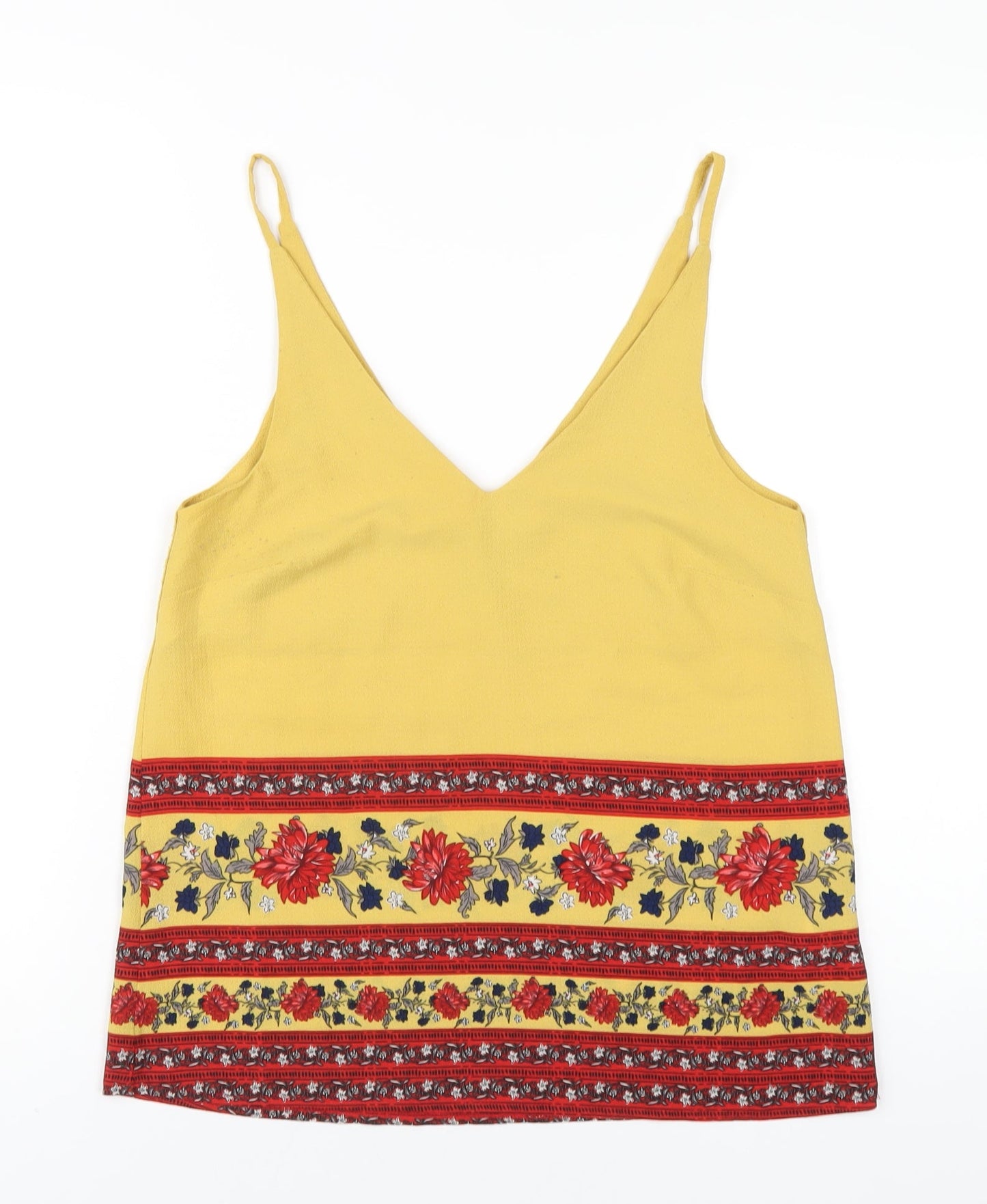New Look Womens Yellow Geometric Polyester Camisole T-Shirt Size 8 V-Neck