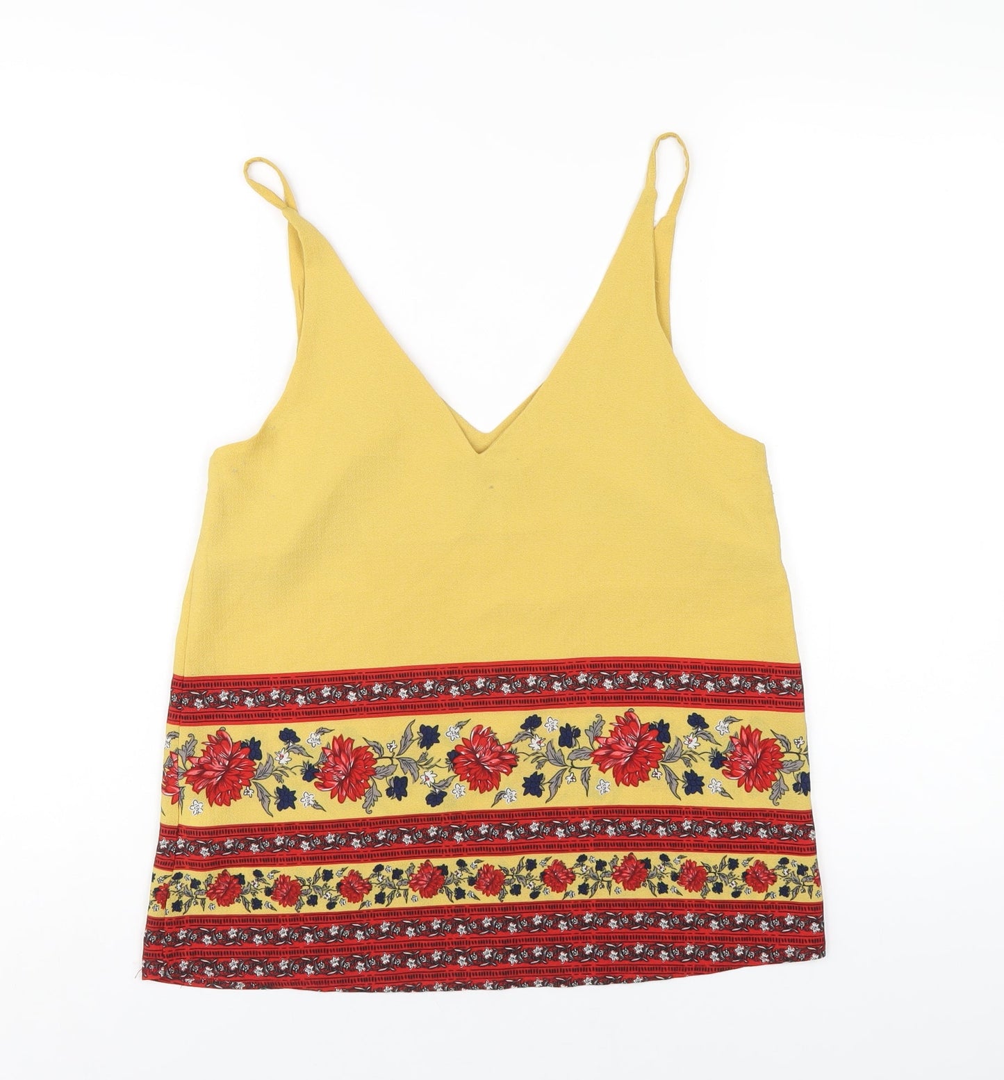 New Look Womens Yellow Geometric Polyester Camisole T-Shirt Size 8 V-Neck