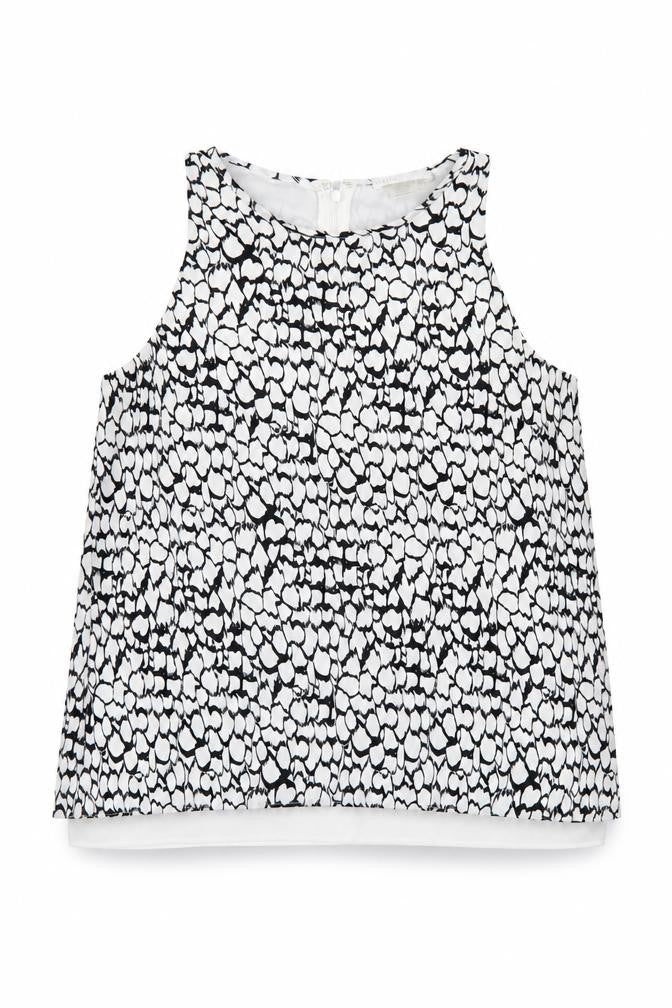 Dalia Womens White Geometric Polyester Basic Tank Size S Round Neck