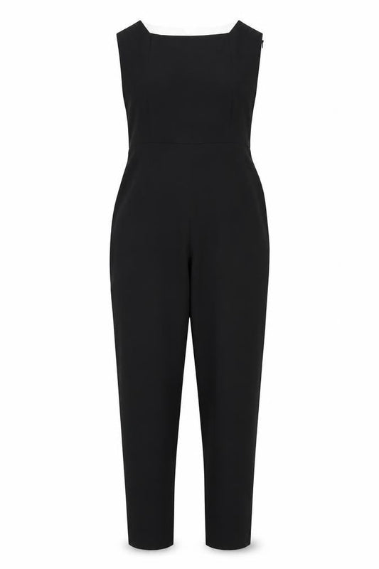 Front view of ASOS women’s black polyester jumpsuit one-piece, size UK 10, 31-inch leg zip