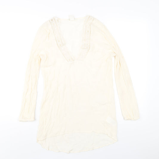 H&M Womens Ivory Viscose Basic T-Shirt Size 8 V-Neck