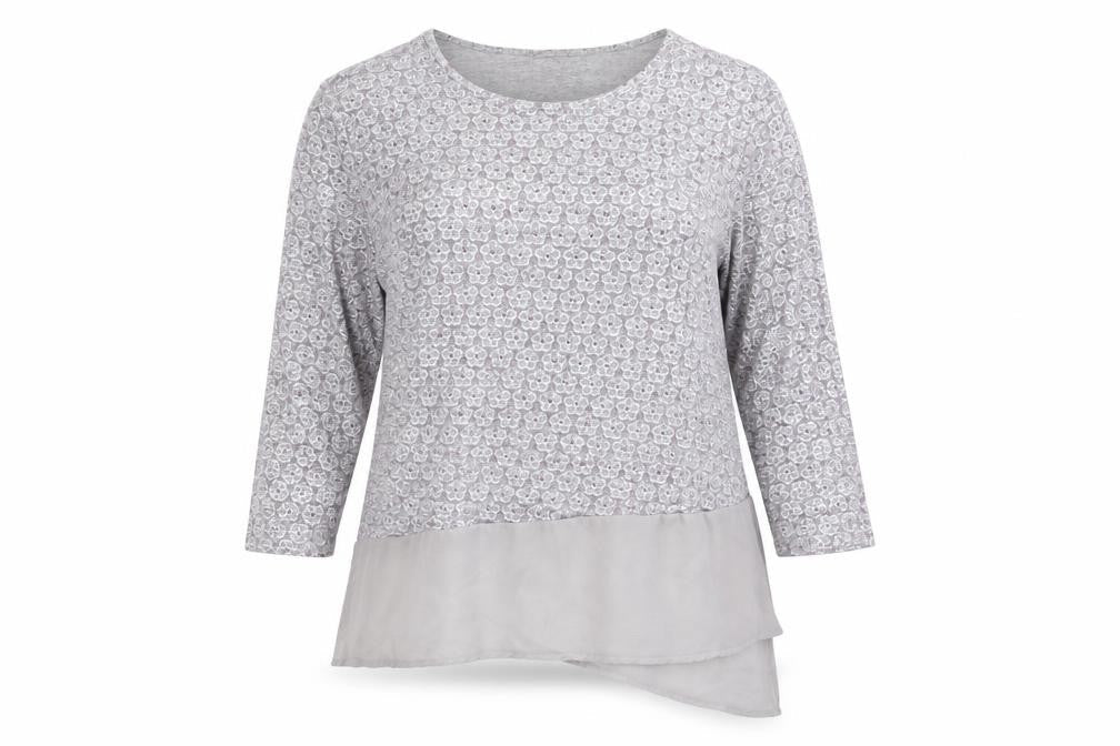 Anna Rose Womens Grey Floral Polyester Basic Blouse Size L Round Neck
