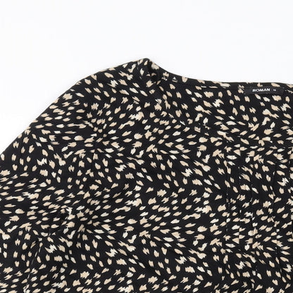 Close-up detail of Roman women’s black geometric polyester basic blouse, size UK 14, round neck