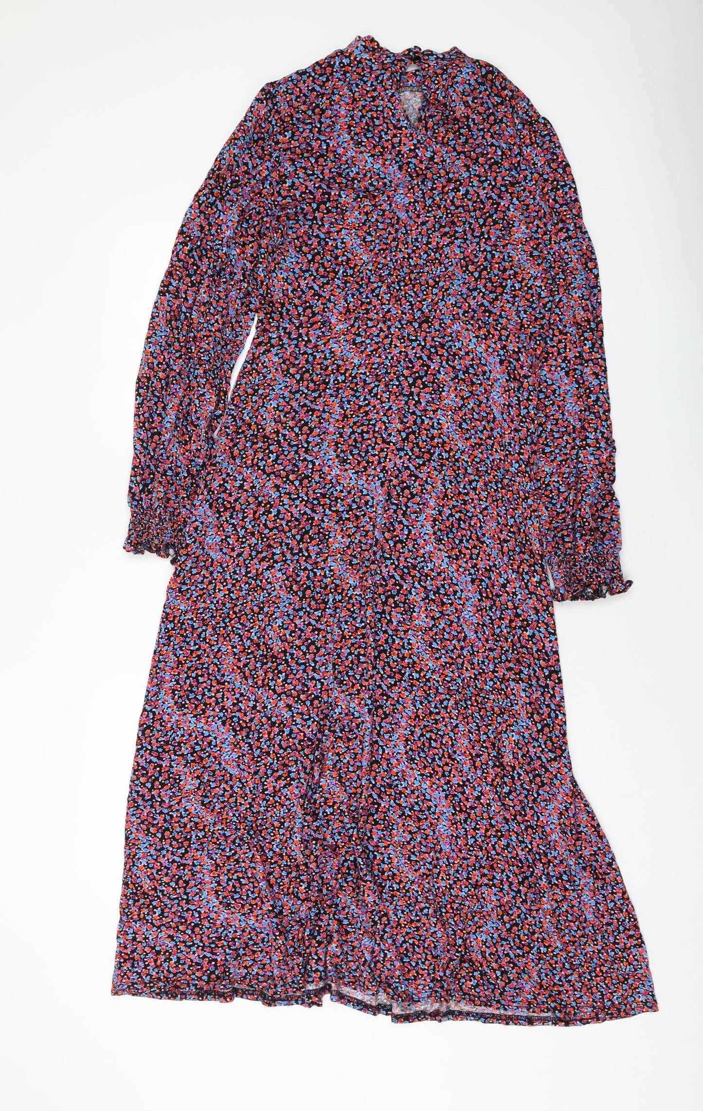 M&Co Womens Multicoloured Floral Polyester A-Line Size 12 Mock Neck Button