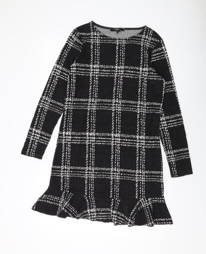 Next Womens Black Plaid Polyester Jumper Dress Size 8 Round Neck Pullover