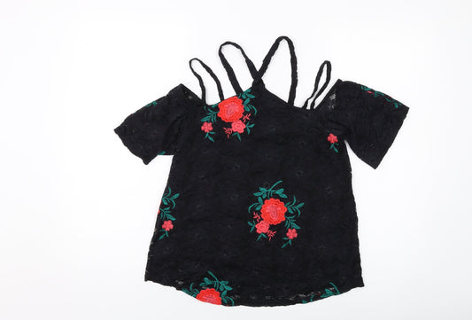 River Island Womens Black Floral Polyester Basic T-Shirt Size 8 V-Neck