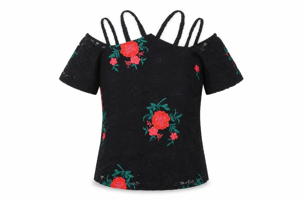 River Island Womens Black Floral Polyester Basic T-Shirt Size 8 V-Neck