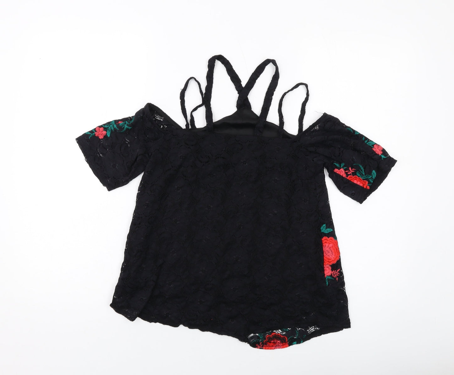 River Island Womens Black Floral Polyester Basic T-Shirt Size 8 V-Neck