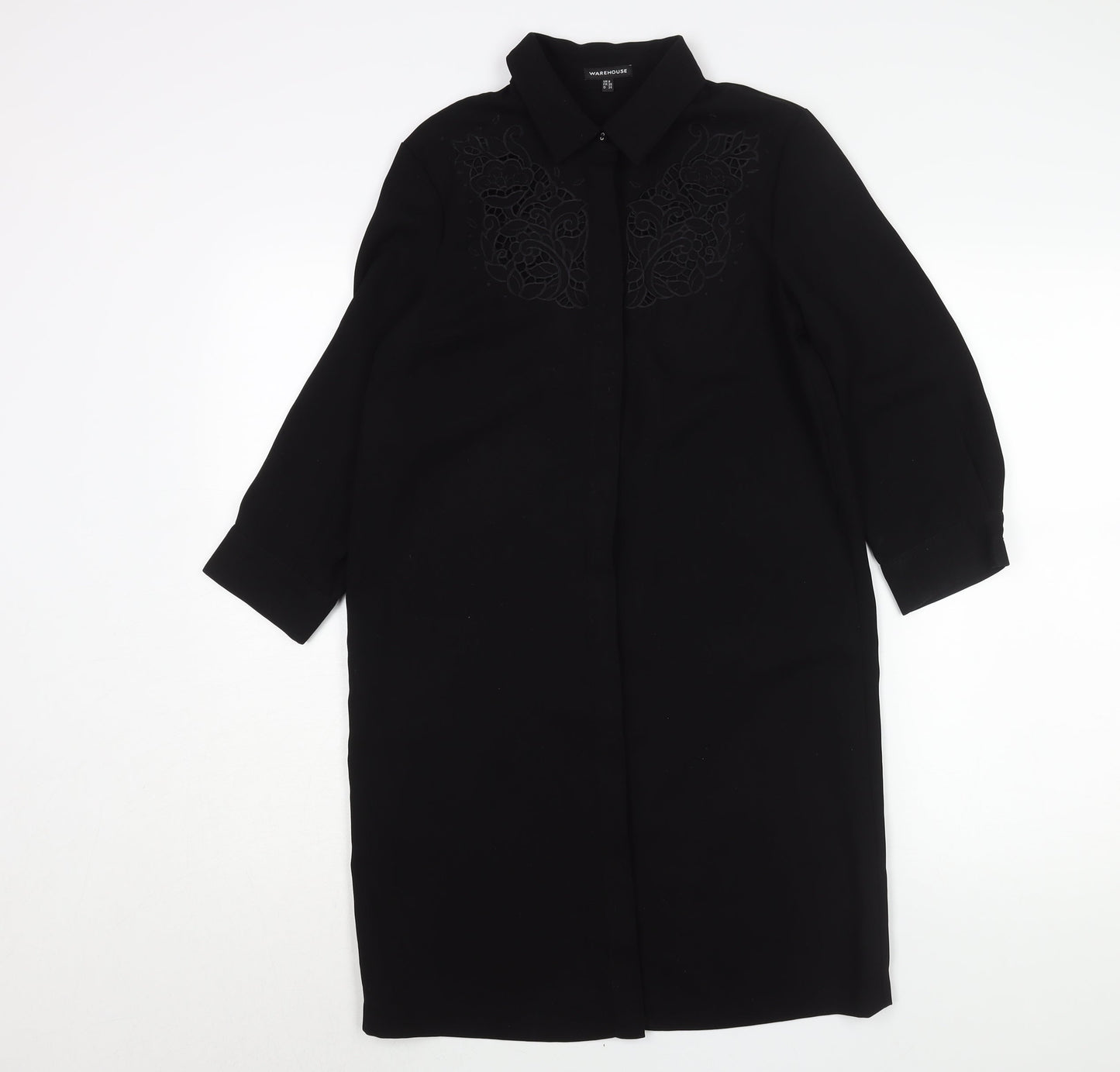 Warehouse Womens Black Polyester Shirt Dress Size 8 Collared Button - Lace Detail