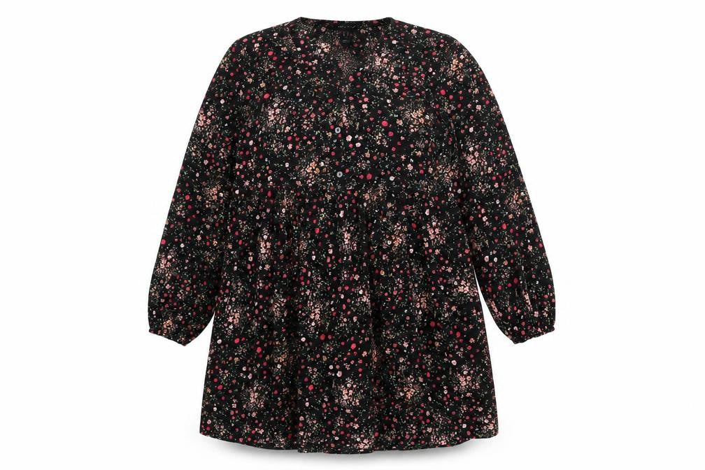 New Look Womens Black Floral Polyester Shift Size 10 V-Neck Button - Smocked