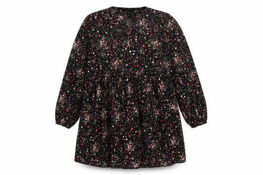 New Look Womens Black Floral Polyester Shift Size 10 V-Neck Button - Smocked