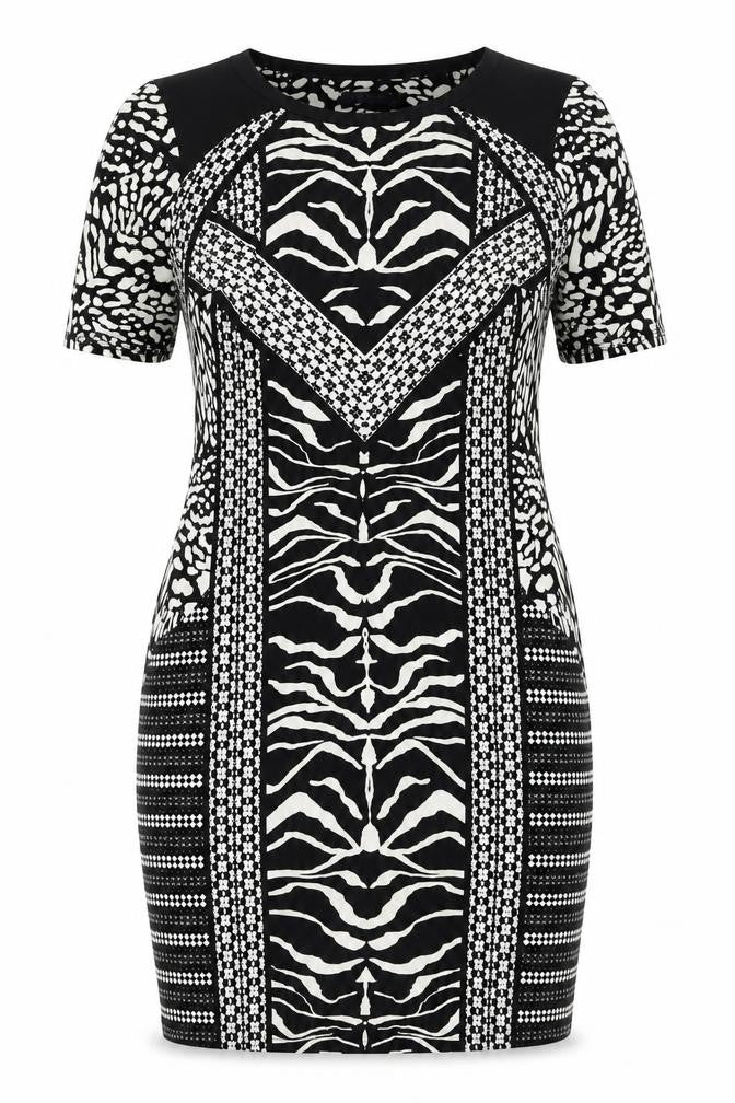 Marks and Womens Black Geometric Polyester Bodycon Size 14 Round Neck Pullover