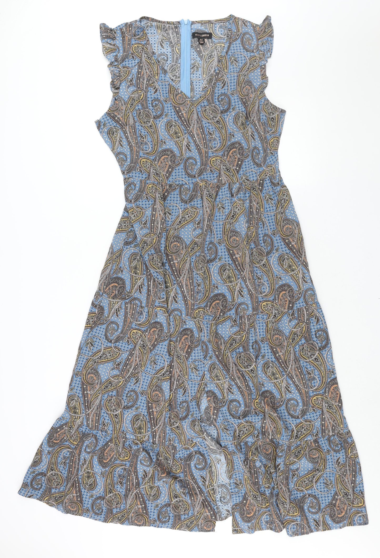 QED London Womens Multicoloured Paisley Polyester Maxi Size 14 V-Neck Zip - Front Slit Frill