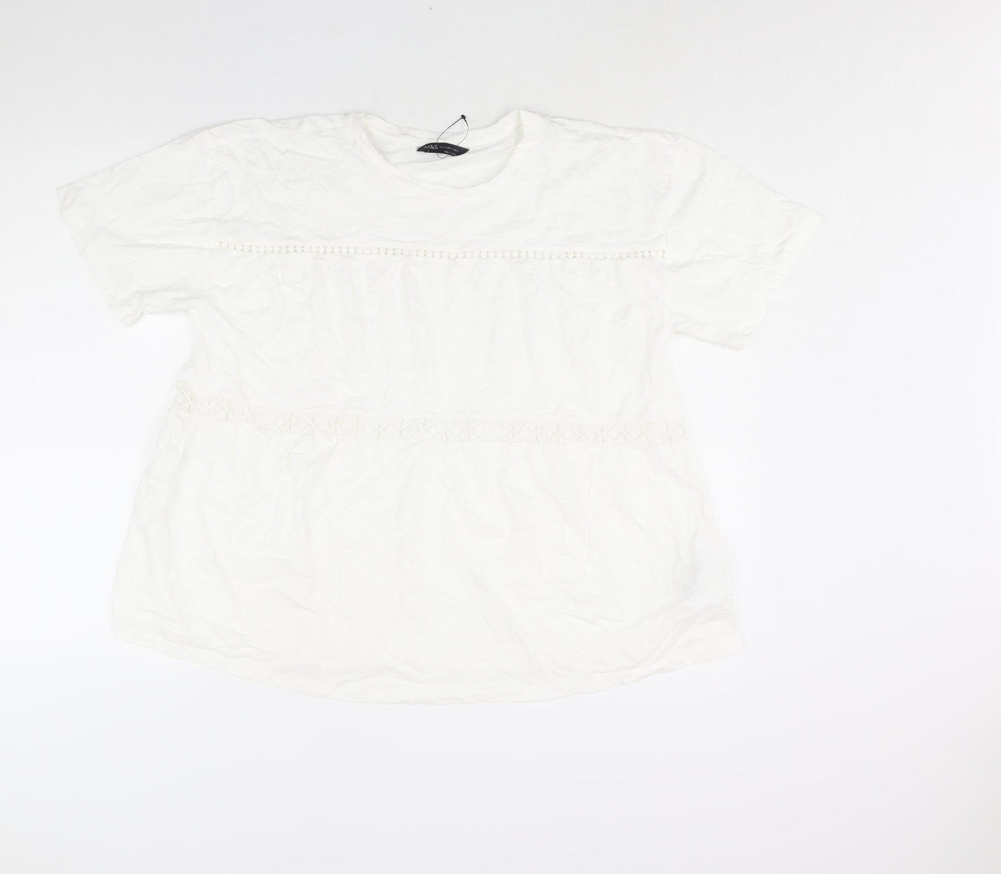 Marks and Spencer Womens White Cotton Basic Blouse Size 18 Round Neck - Lace Detail