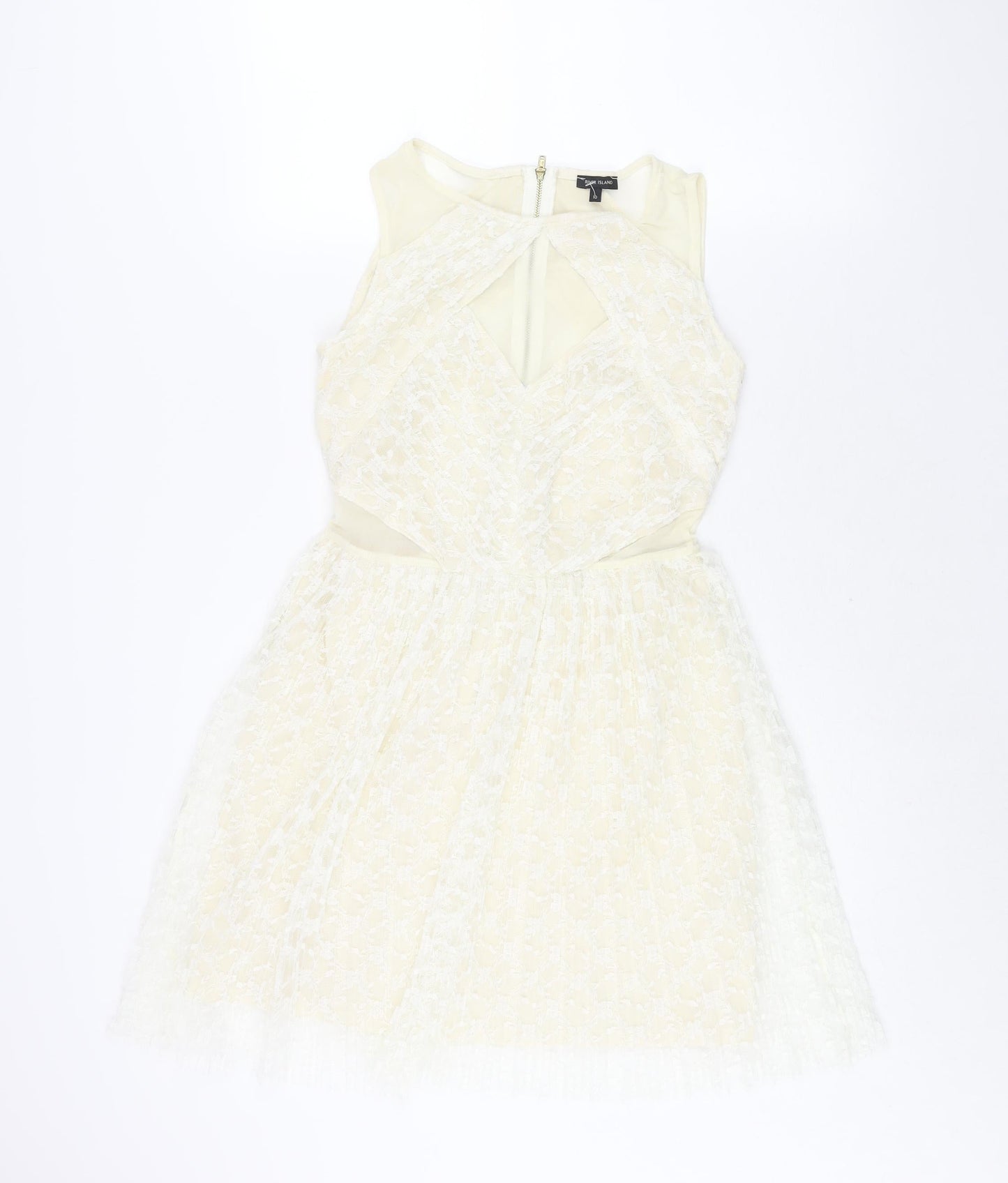 River Island Womens Ivory Polyester Fit & Flare Size 10 Round Neck Zip - Panelled