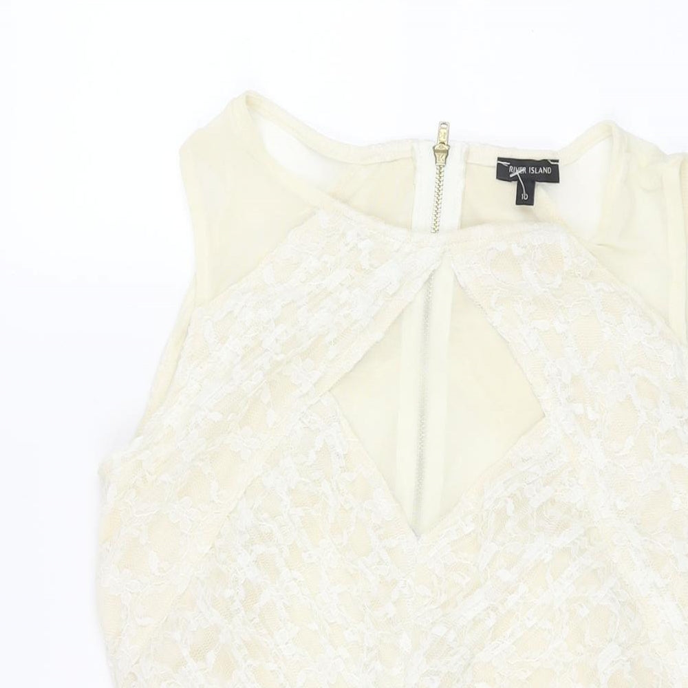River Island Womens Ivory Polyester Fit & Flare Size 10 Round Neck Zip - Panelled