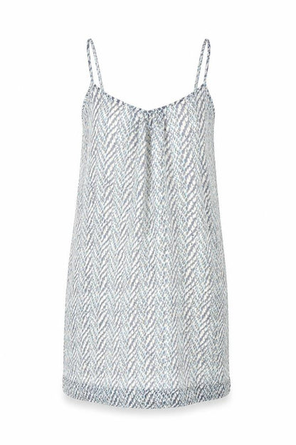 Front view of Only women’s blue geometric polyester tank dress, size UK 8, scoop neck pullover