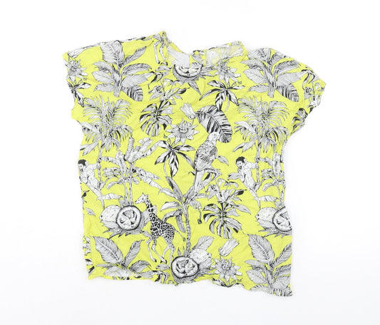 Warehouse Womens Yellow Geometric Viscose Basic Blouse Size 10 Round Neck - Floral Bird Print