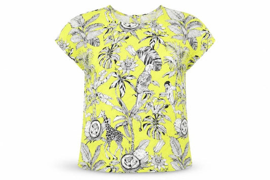 Warehouse Womens Yellow Geometric Viscose Basic Blouse Size 10 Round Neck - Floral Bird Print