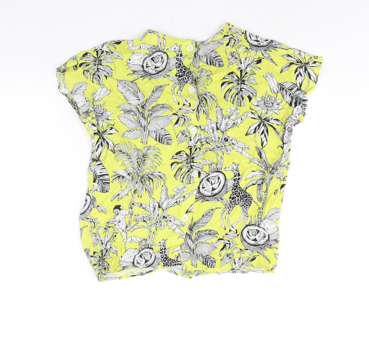 Warehouse Womens Yellow Geometric Viscose Basic Blouse Size 10 Round Neck - Floral Bird Print