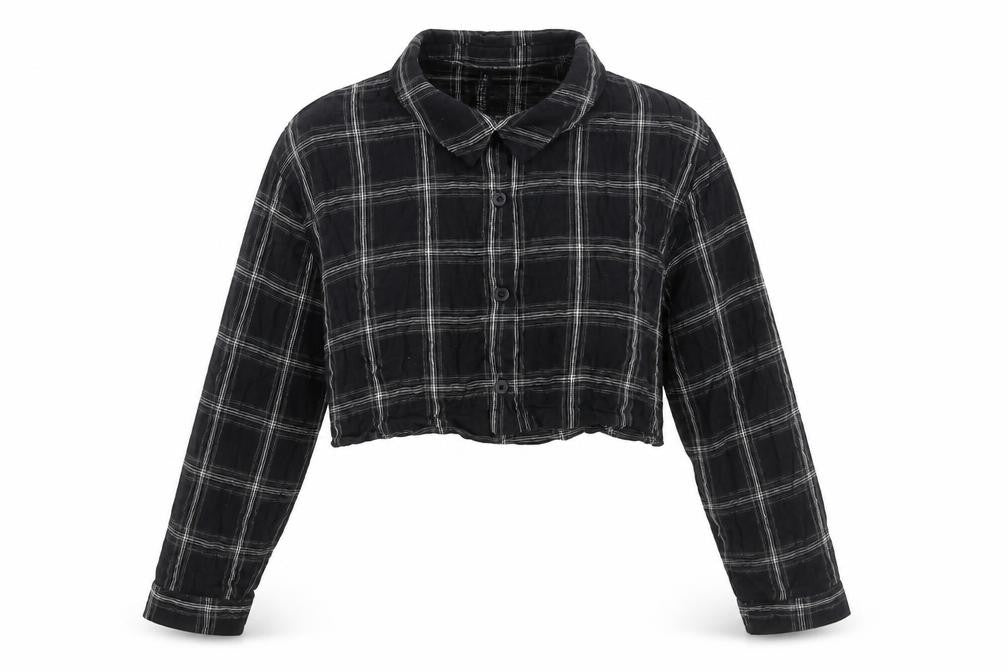 Divided by H&M Womens Black Check Cotton Cropped Button-Up Size S Collared