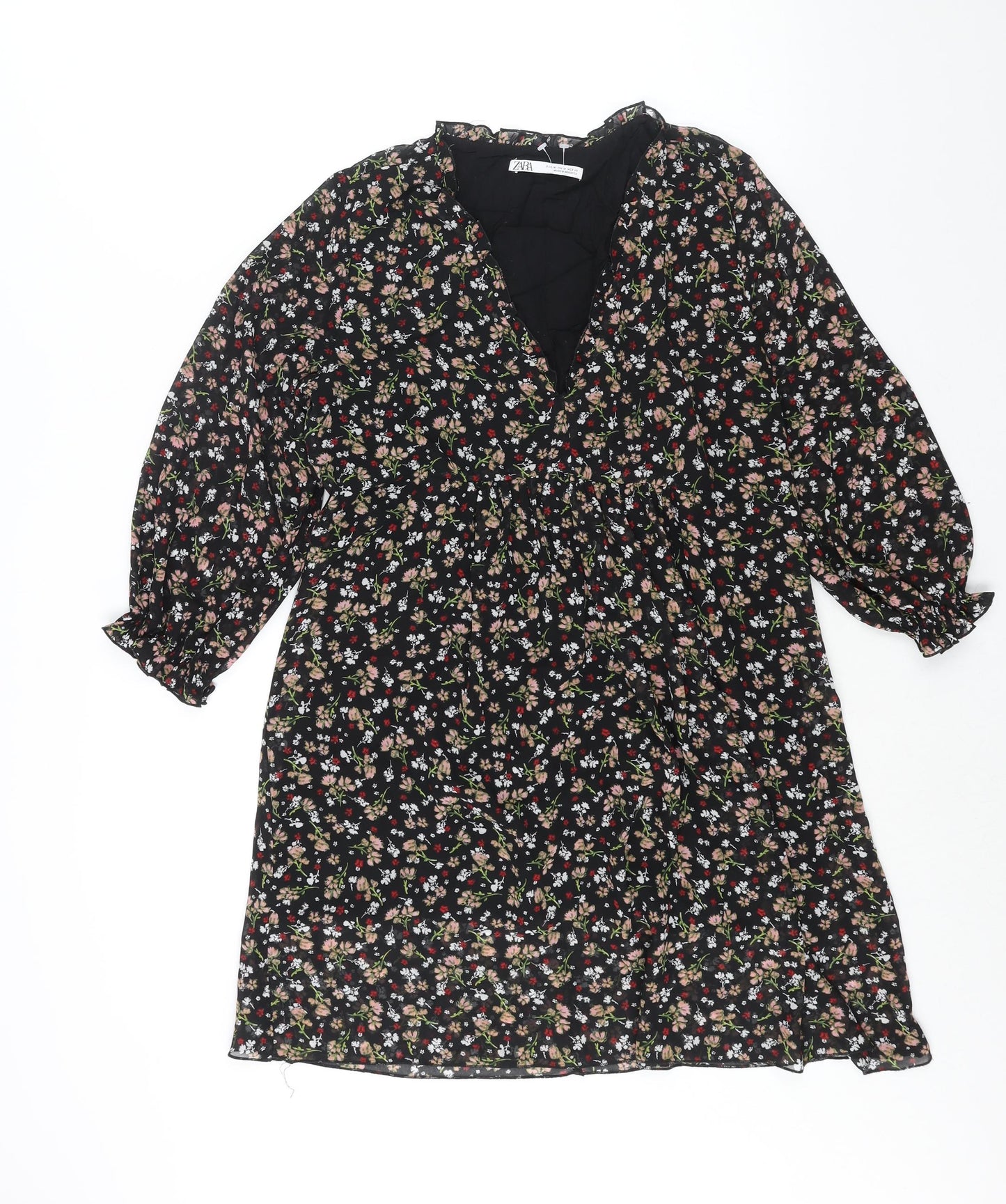 Zara Womens Black Floral Polyester A-Line Size M V-Neck Pullover - Frill