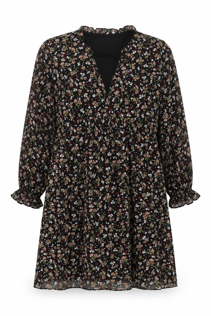 Zara Womens Black Floral Polyester A-Line Size M V-Neck Pullover - Frill