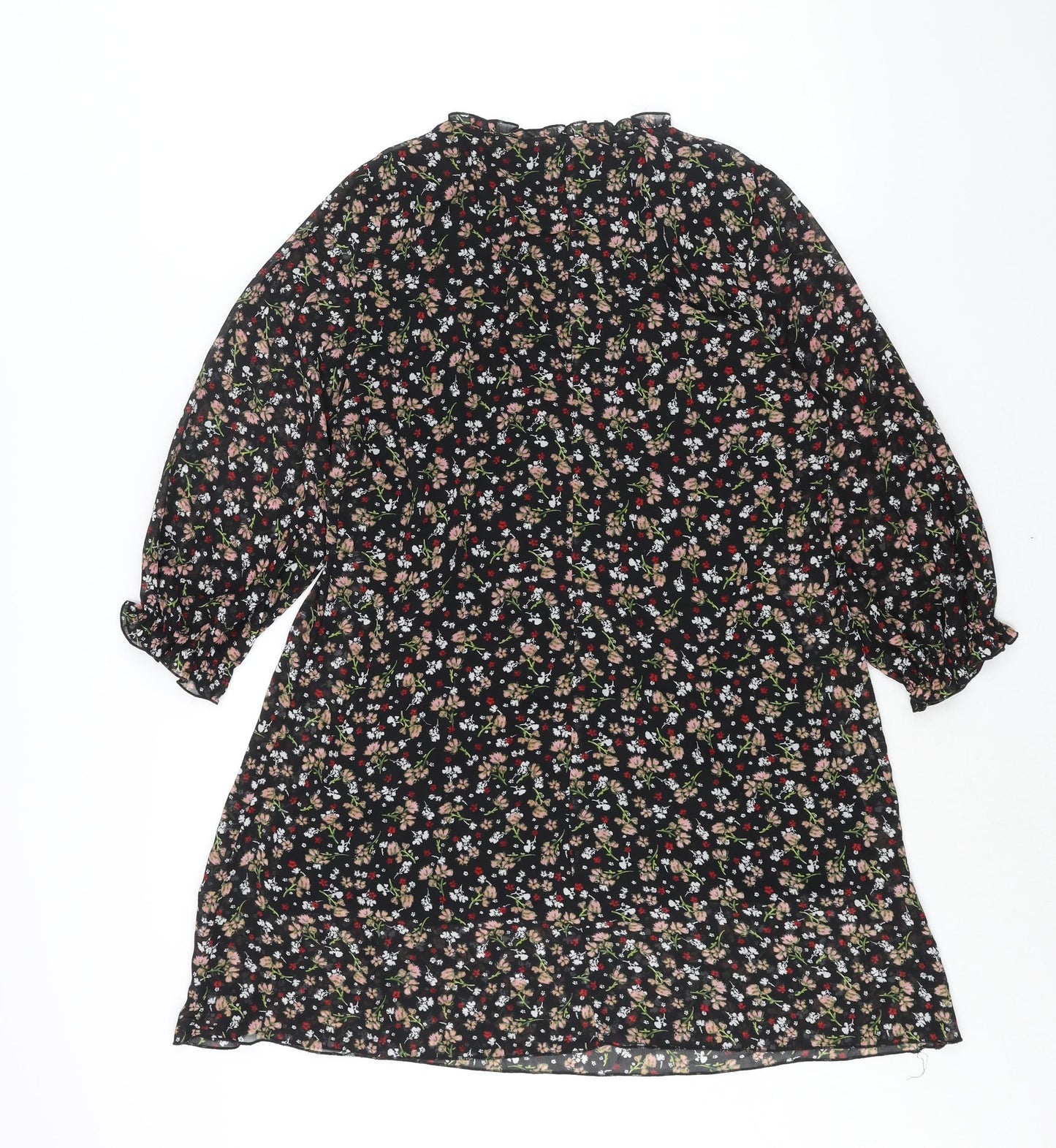 Zara Womens Black Floral Polyester A-Line Size M V-Neck Pullover - Frill