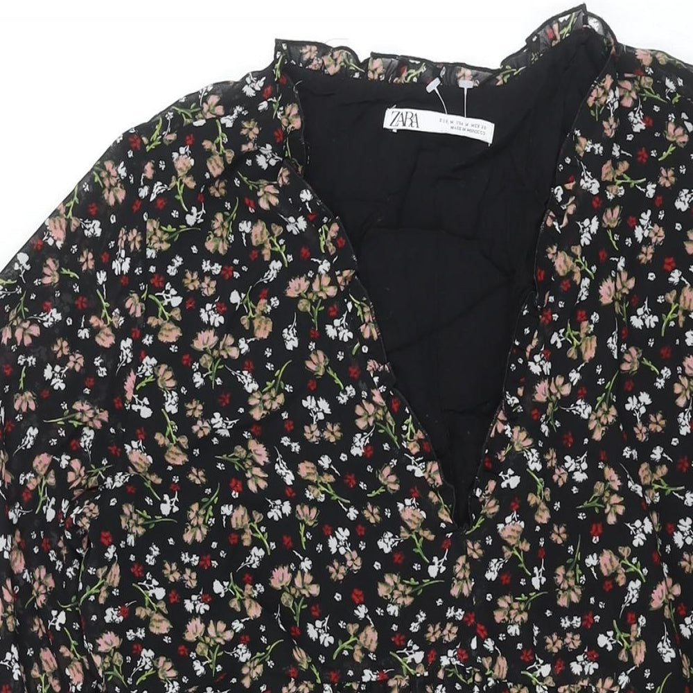 Zara Womens Black Floral Polyester A-Line Size M V-Neck Pullover - Frill