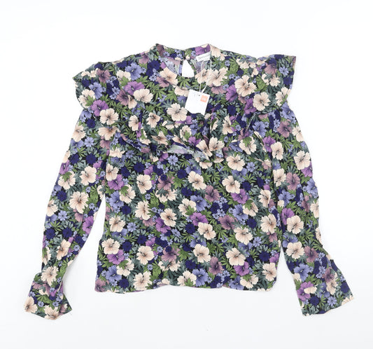 Warehouse Womens Multicoloured Floral Viscose Basic Blouse Size 8 Mock Neck - Frill