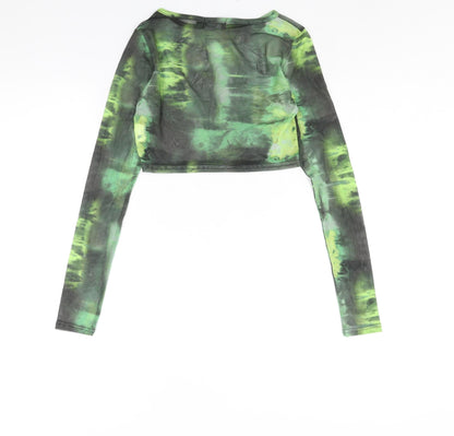 PRETTYLITTLETHING Womens Green Geometric Polyester Basic Blouse Size 6 Round Neck - Semi Sheer