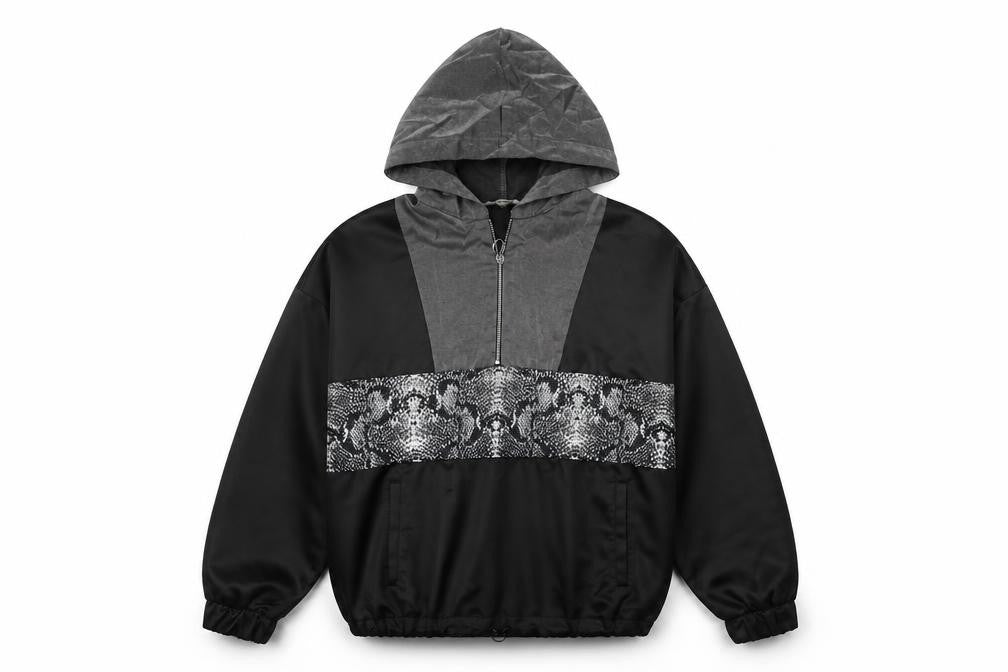 Zara Womens Black Colourblock Cotton Pullover Hoodie Size L Zip - Snakeskin Panel Drawstring Hem