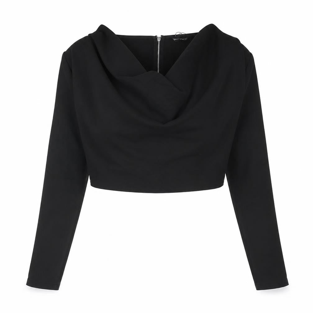 PRETTYLITTLETHING Womens Black Polyester Cropped Blouse Size 10 Cowl Neck - Shoulder Pads