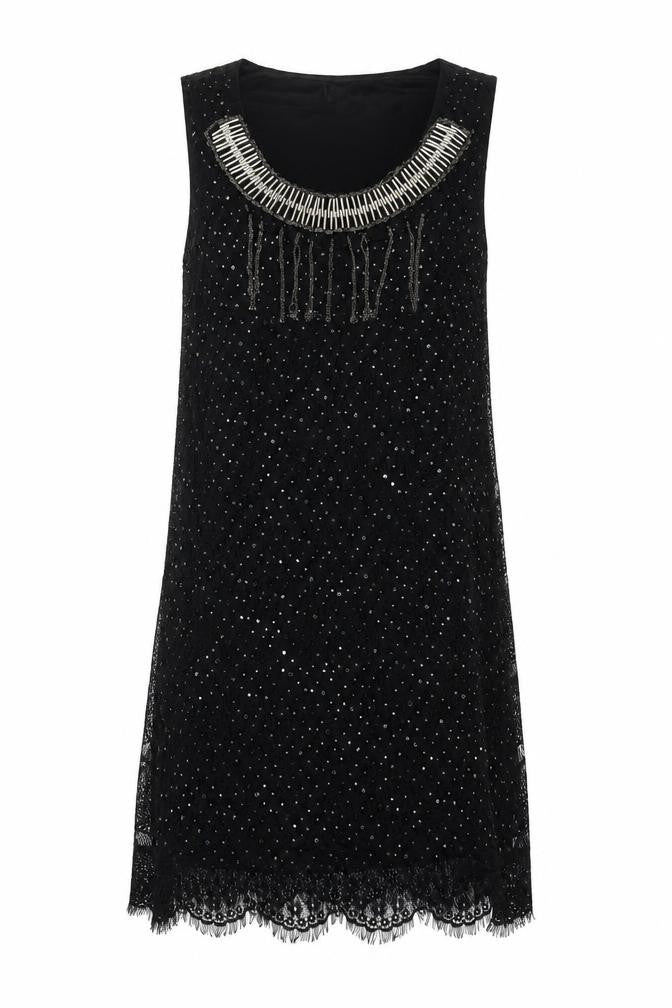 Yumi Womens Black Polyester Shift Size S Scoop Neck Pullover - Lace Chain Tassle
