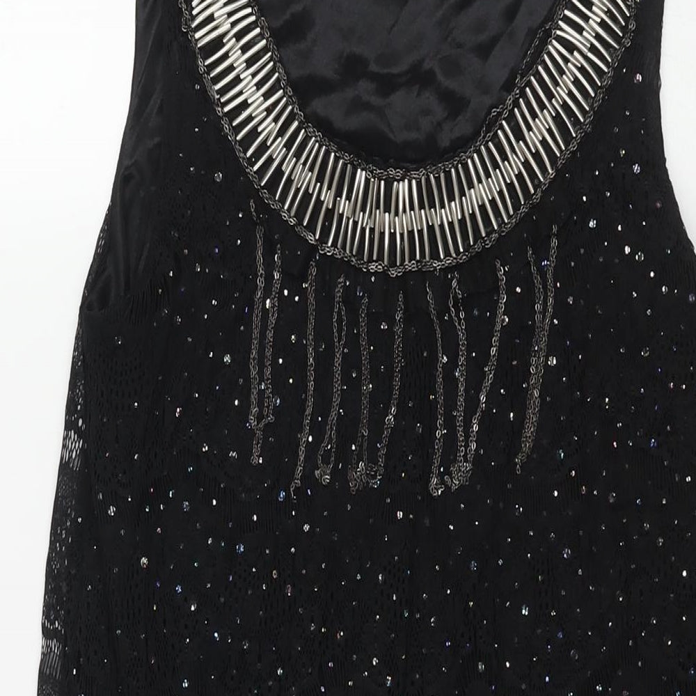 Yumi Womens Black Polyester Shift Size S Scoop Neck Pullover - Lace Chain Tassle