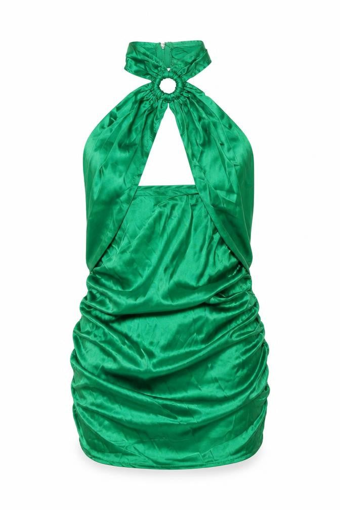 PRETTYLITTLETHING Womens Green Polyester Mini Size 6 Halter Zip - Rouched Cut Out